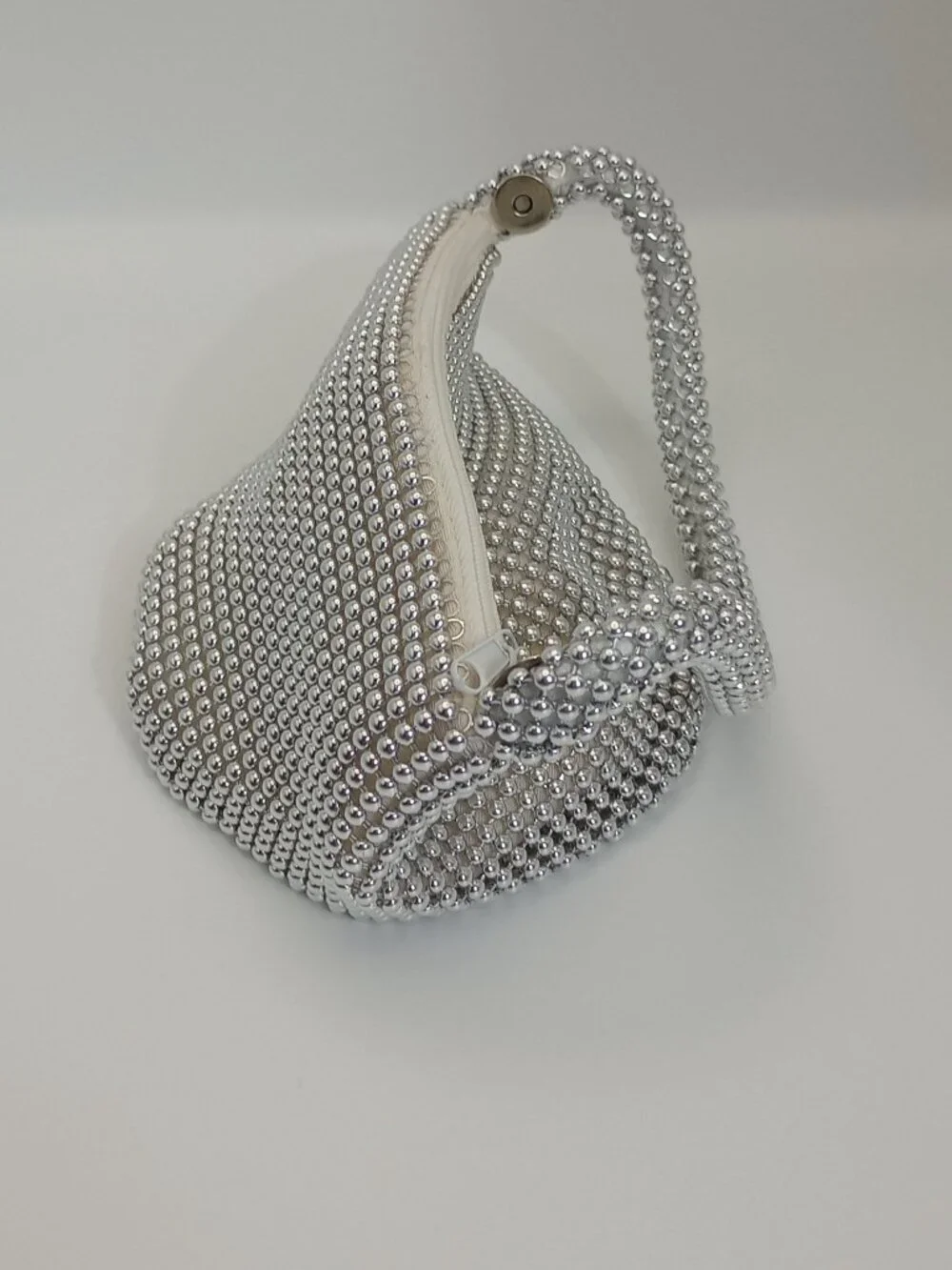 Silver Beaded Hobo Shoulder Bag Y2K Evening Party Purse Rhinestone Look
